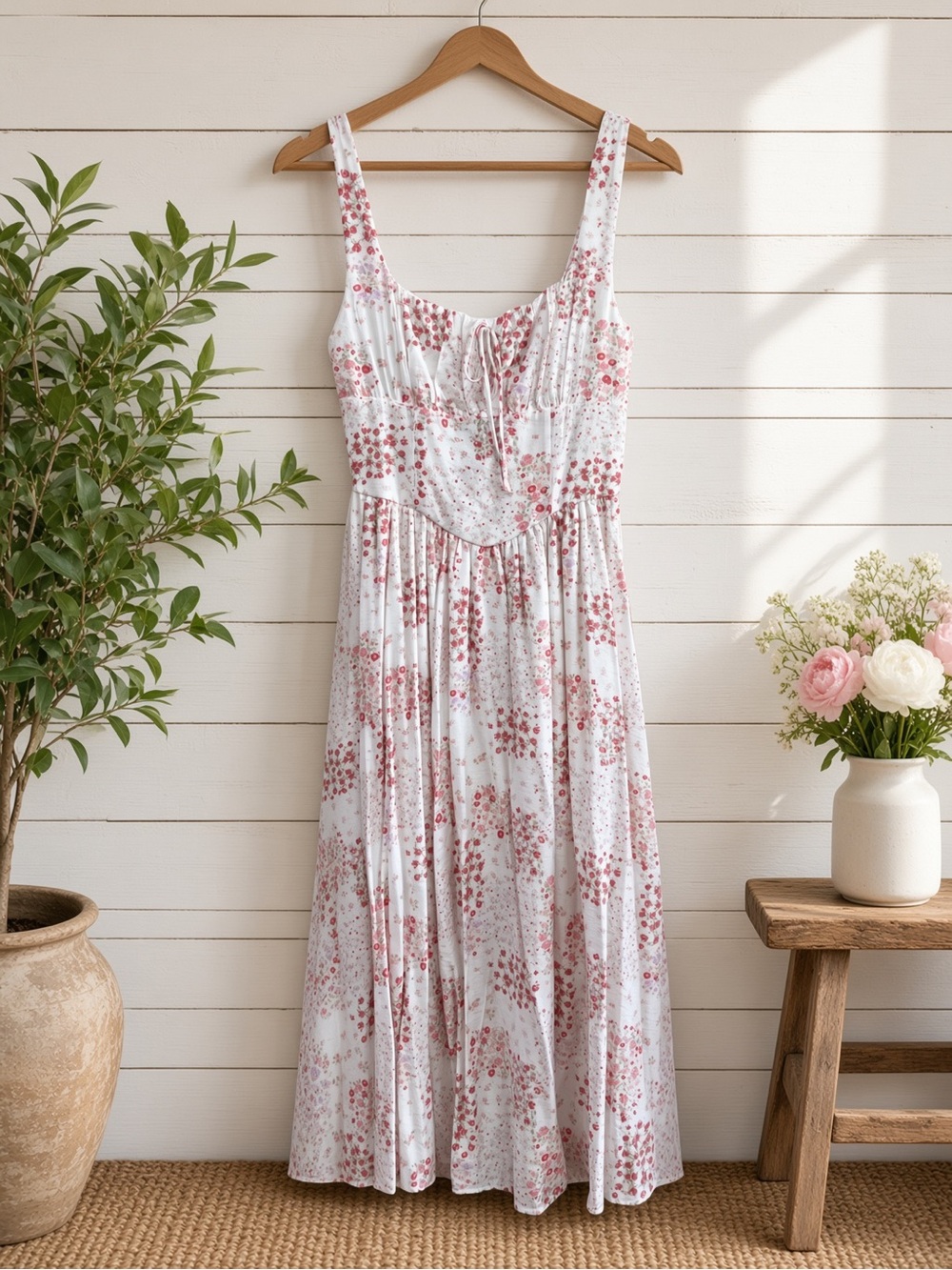 Floral Sleeveless Corset Front Tie Midi Dress